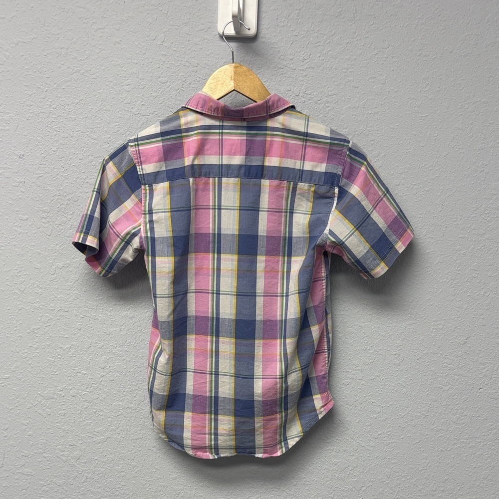 Wrangler Boy’s Sz 10/12 Blue and Pink Plaid Short Sleeve Shirt, EUC - Picture 5 of 9